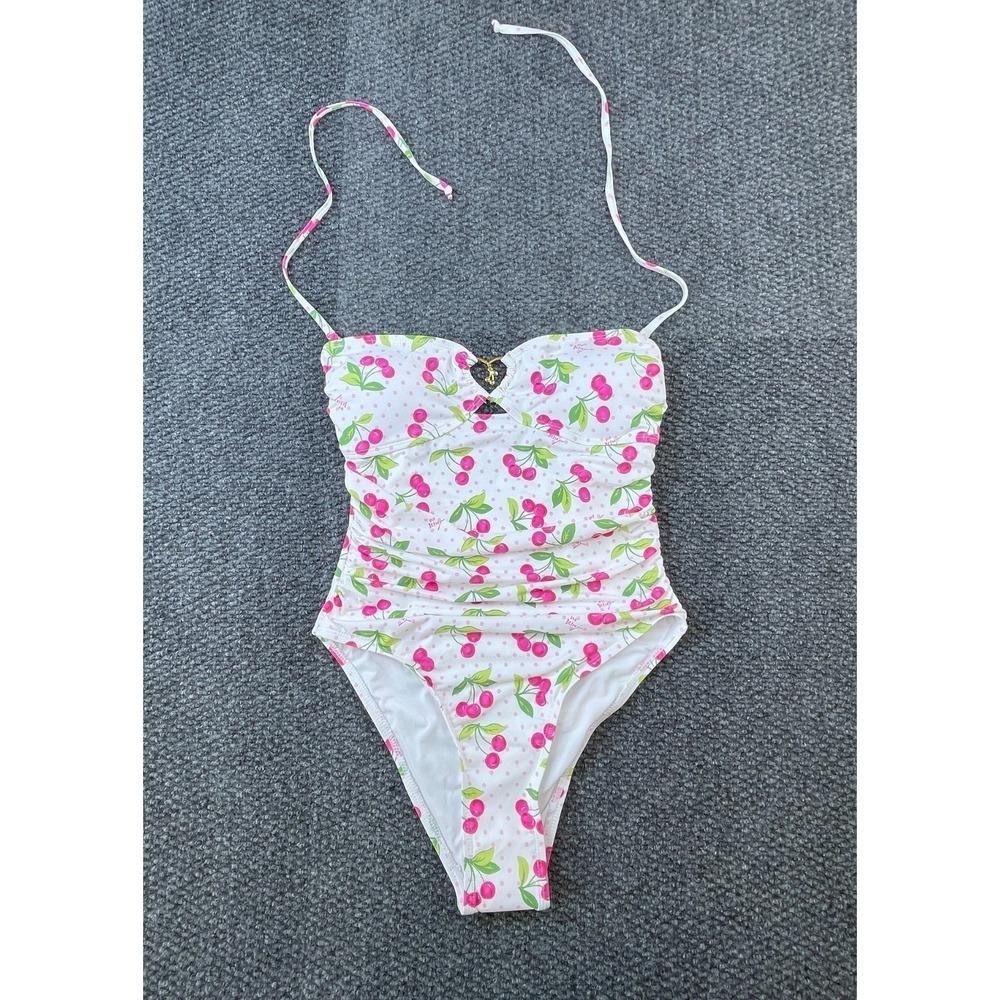 Betsey Johnson Womens White Cherry Bomb‎ Bandeau Swimsuit With Cover-Up Skirt S